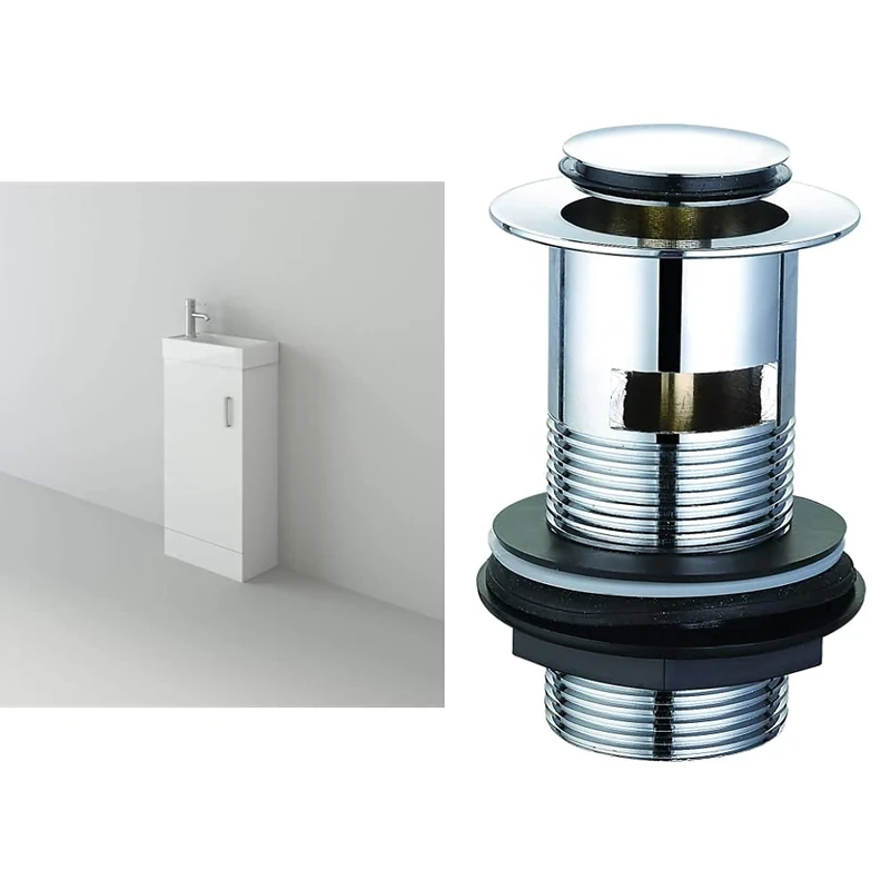 VeeBath BB.MIN010 Sheen Bathroom Cloakroom Vanity Basin Cabinet Unit Free Standing White - 400mm & WST02 Essentials Basin Clicker Waste Slotted Chrome with Clicker Plug