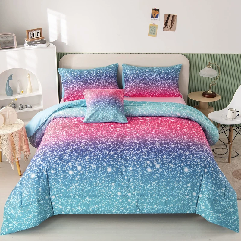 RYNGHIPY 6Pcs Pink Glitter Comforter Sets for Kids Teen Girls Twin Size, Colorful Rainbow All-Season Coverlet Set, Ultra Soft Bedding Collections