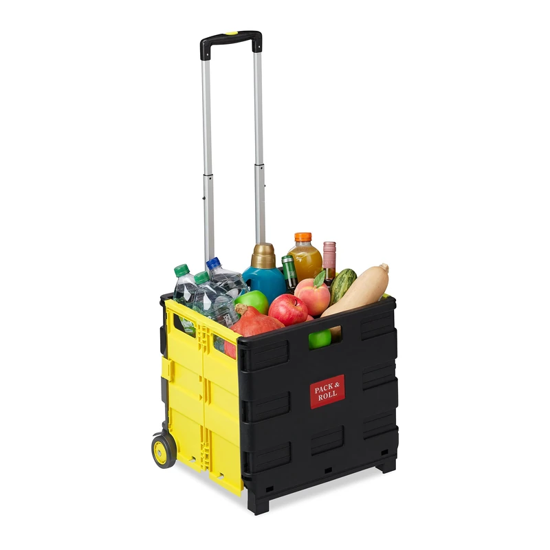 Relaxdays Folding Shopping Trolley, Telescopic Handle, 2 Rubber Wheels, Transport Cart, Aluminium, Yellow