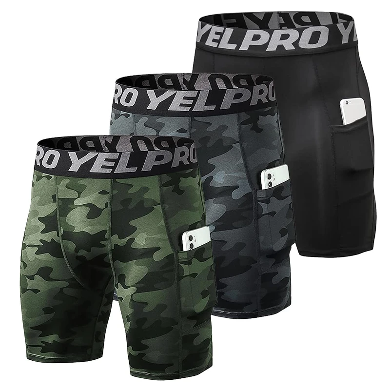 Lixada Men's Compression Shorts Pants 3Packs, Performance Sports Baselayer Cool Dry Tights Active Workout Underwear, Black&Black Camouflage&Green Camouflage, Large
