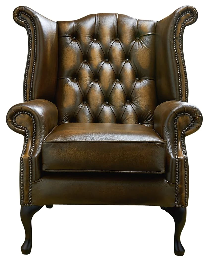 Handmade Chesterfield Queen Anne Queen Anne Chair – Antique Tan Genuine Leather Armchair – High Back Button-Tufted Chesterfield Design – Solid Mahogany Legs – Classic British Furniture (Antique Tan)