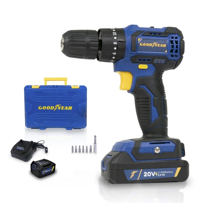 Goodyear Impact Driver with 20V Lithium Battery, Wireless, 2 Speeds 400/1300 RPM, Set of 7 Bits and Charger Included