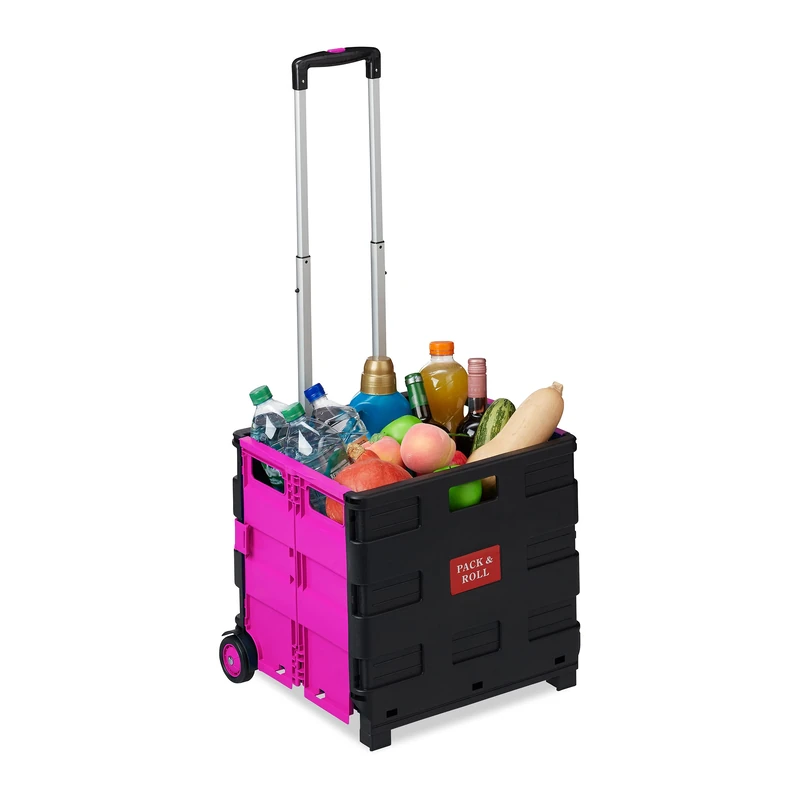 Relaxdays Folding Shopping Trolley, Telescopic Handle, 2 Rubber Wheels, Transport Cart, Aluminium, Pink - Image 1