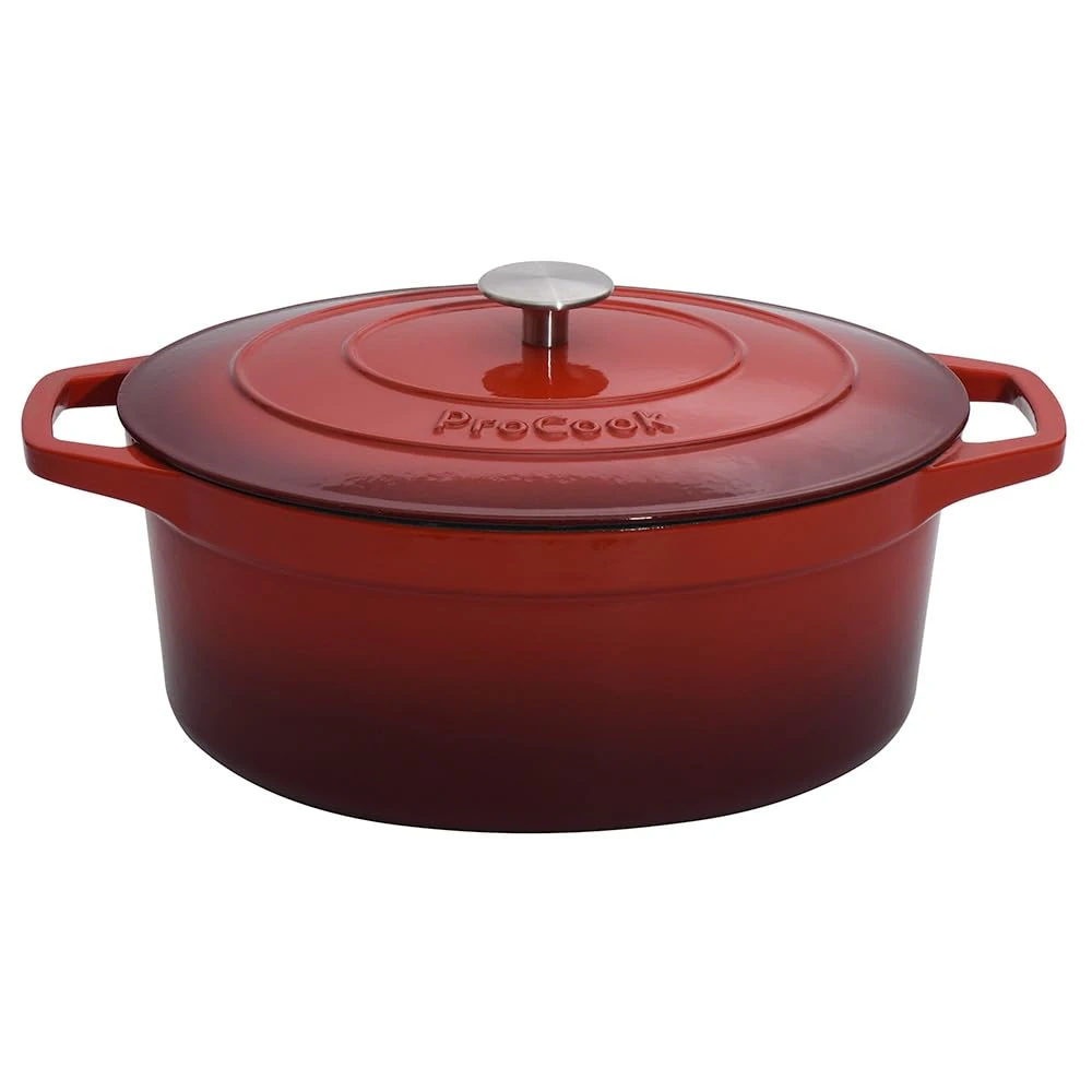 ProCook Red Cast Iron Oval Casserole Dish with Self Basting Lid Enamel Coated Induction Compatible Modern Classic Cookware - 30cm / 6.2L