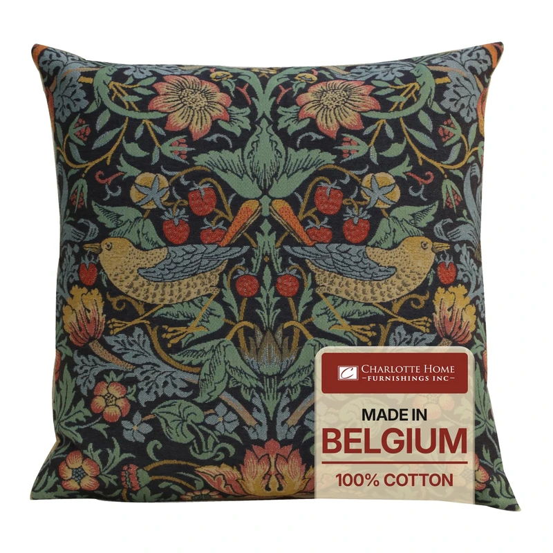 Charlotte Home Furnishings Inc Blue Strawberry Throw Pillow Covers 18x18, European 100% Cotton Jacquard Woven Fabric, Boho & Vintage Inspired Decorative Cushion for Living Room and Sofa