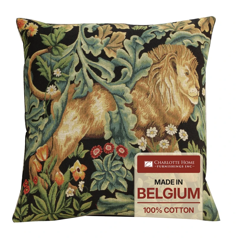 Charlotte Home Furnishings Inc Black Lion Throw Pillow Covers 18x18, European 100% Cotton Jacquard Woven Fabric, Boho & Vintage Inspired Decorative Cushion for Living Room and Sofa