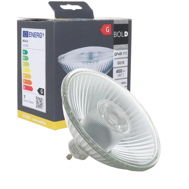 BOLD Lighting QPAR 111 (ES 111) LED GU10 Reflector Light Bulb (425 Lumen | Dimmable | 6.5 W Equivalent to 40 W | 2700 K Warm White | 15,000 Hours Runtime), Aluminium