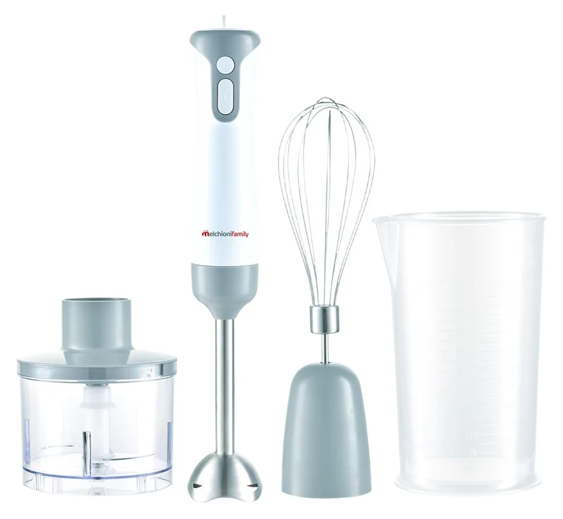 Melchioni Family MIXXXO TRIO, Stabmixer, abnehmbarer Stahlfuß, Mixer mit 2 Geschwindigkeiten, Stahlklingen, Zerkleinerer 500 ml, Schneebesen, Messbecher, 400 W