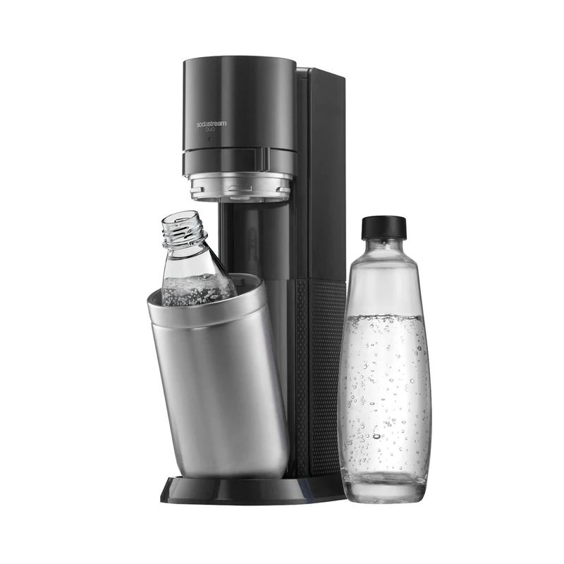 SodaStream water bubbler DUO switch without CO2 cylinder, 1x 1L glass bottle and 1x 1L dishwasher-safe plastic bottle, height: 44cm, color: titanium