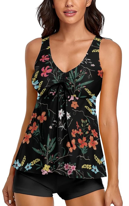 Modest Tankini Swimsuits for Women Two Piece Bathing Suits Floral Print Tank Top with Boyshorts Tummy Control Swimming Suits, Z-Black & Red Floral, Medium
