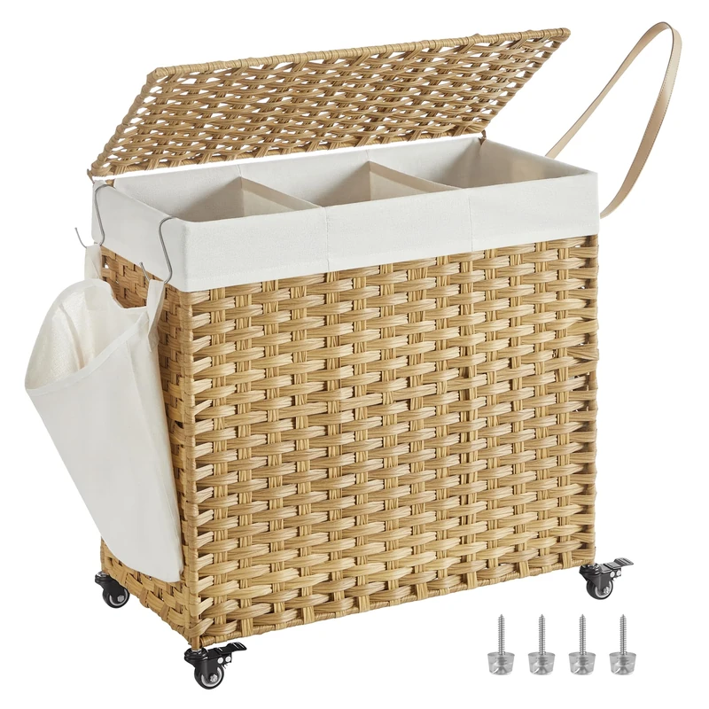 SONGMICS Laundry Basket with Lid, 140 L, Rolling Laundry Hamper with Wheels, 3-Compartment Synthetic Rattan, Removable Liner, for Laundry Room, Bedroom, 66 x 33 x 66 cm, Natural LCB363N01
