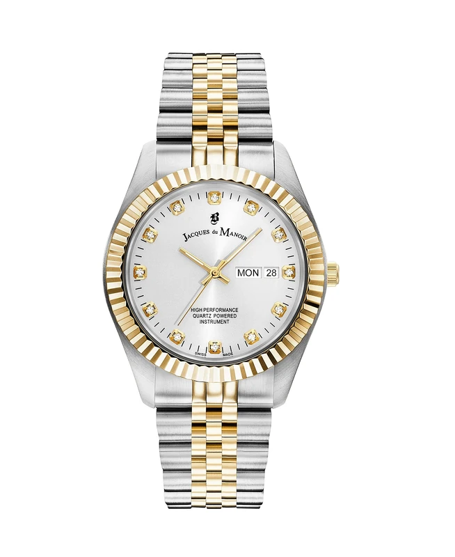 Jacques Du Manoir Swiss-Made Ladies Inspiration Day Date Silver and Gold Plated Bracelet Watch