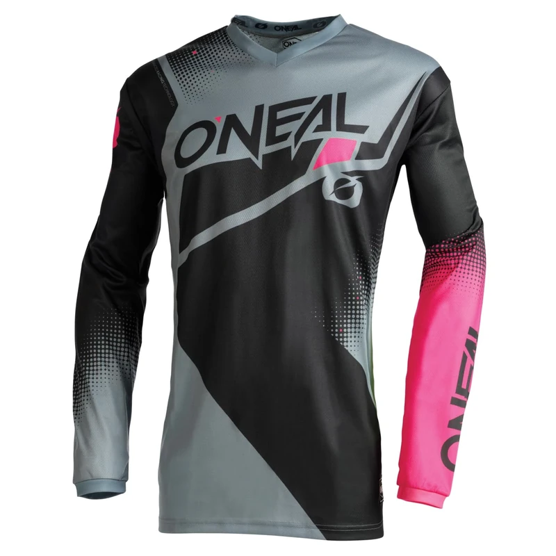 O'NEAL | Motocross Jersey Long Sleeve | MX Enduro | Padded Elbow Protection, V-Neck, Breathable | Element Women's Jersey Racewear V.22 | Adult | Black Grey Pink | Size XL
