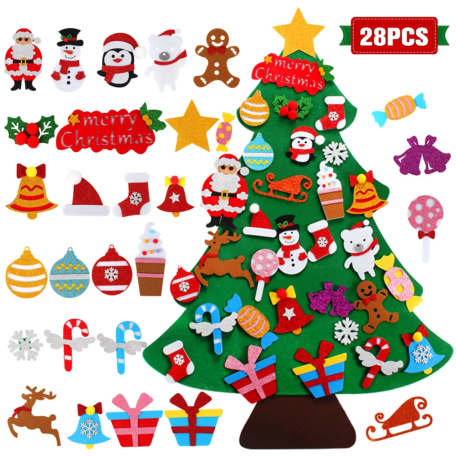 FengRise DIY Felt Christmas Tree Decoration, 3.3ft Kids Christmas Trees with 28Pcs Gold Powder Detachable Ornaments, Felt Xmas Tree for Toddlers, New Year Xmas Gifts, Home Door Window Wall Decoration