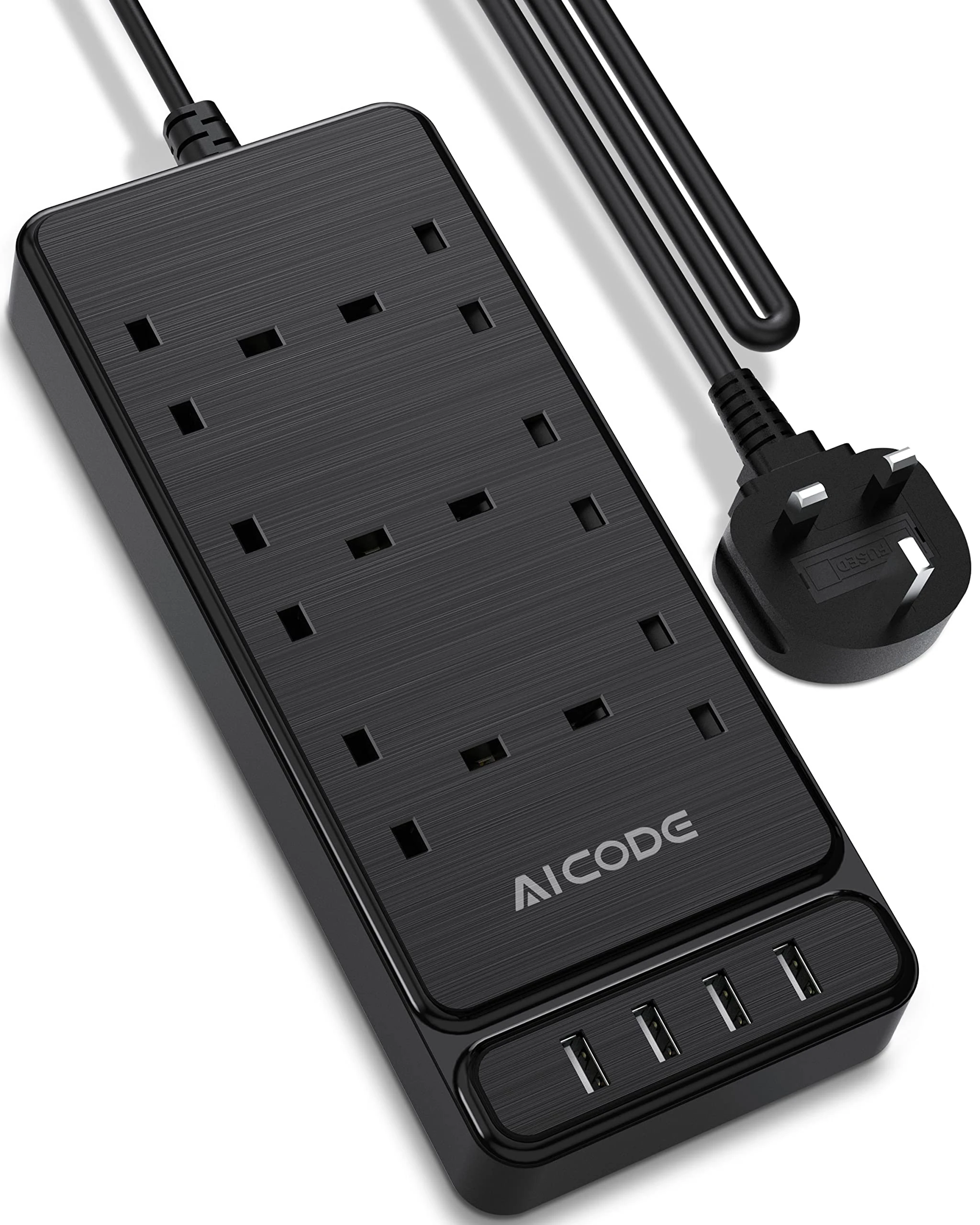 AICODE Extension Lead with USB Slots,6 Way Multi Plug Extension Socket and 4 USB Ports,2M Extension Cable Power Strip with Switch,Fuse,Wall Adapter UK Plug for Home,Office,Travel,Black