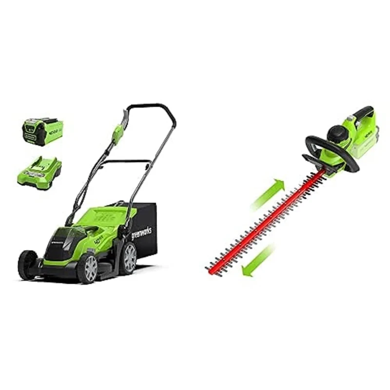 Greenworks 40V cordless lawn mower 35cm and 40V hedge trimmer combo kit include 2Ah battery and charger