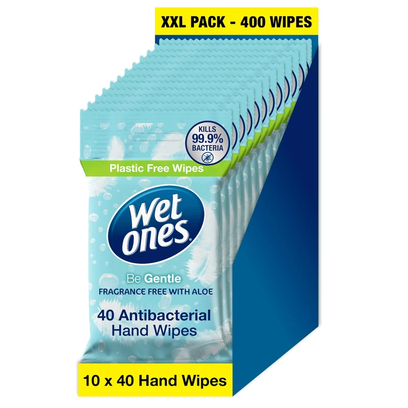 WET ONES - Be Gentle | Plastic Free Anti-bacterial Bio-degradable Hand Wipes | 400 Total - 10 packs x 40 wipes