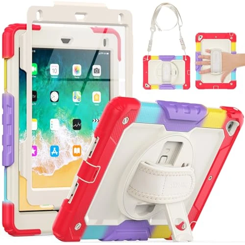 SEYMAC iPad 6th/5th Generation Case 9.7" for Kids, Full-Body Shockproof Heavy Duty Protective Case with Screen Protector, Rotating Stand/Hand/Shoulder Strap for iPad Air 2/ Pro 9.7, Colorful Red