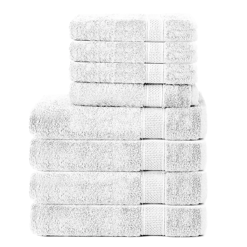 Komfortec Set of 8 Hand Towels 100% Cotton, 4 Bath Towels 70 x 140 cm and 4 Hand Towels 50 x 100 cm, Terry Clothing, Soft, Large Towel, White
