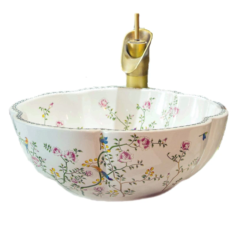 Ceramic Bathroom Vessel Sink Bowl White Color Art Above Counter Vanity Wash Basin with Flower Shape and Flower Bird Pattern,1Sink Only