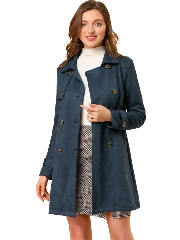 Allegra K Women's Notched Lapel Double Breasted Faux Suede Trench Coat Jacket with Belt, Dark Blue, M