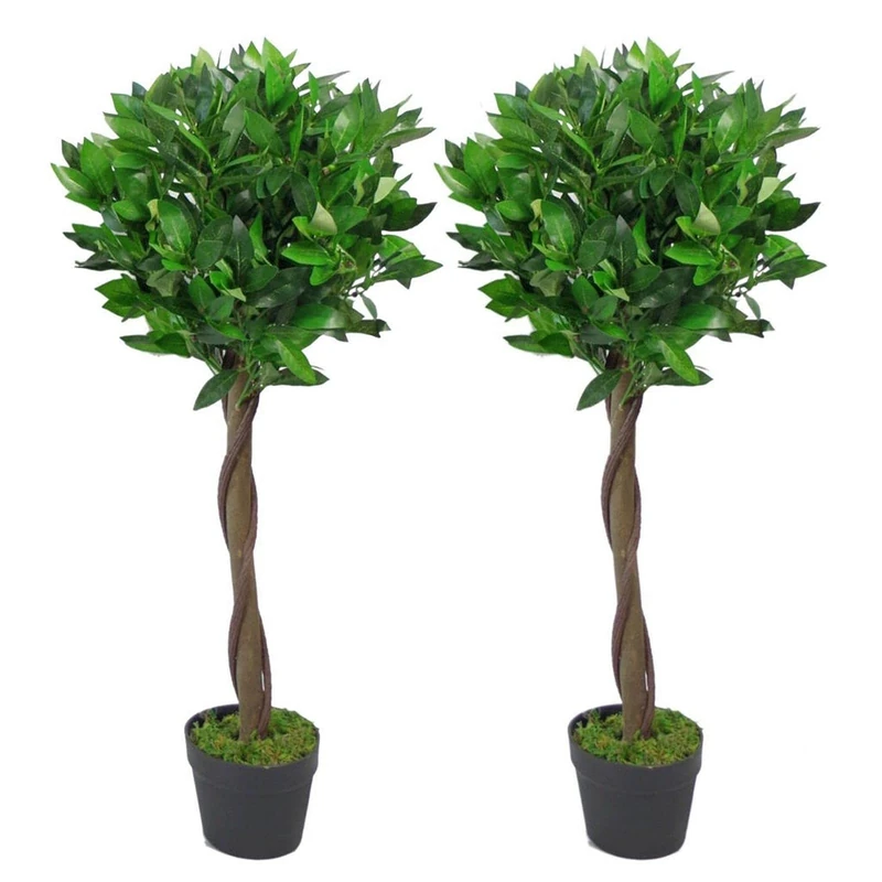 Leaf Design UK Pair of Artificial Bay Topiary Ball Trees, Green Twist, 90cm (3ft)
