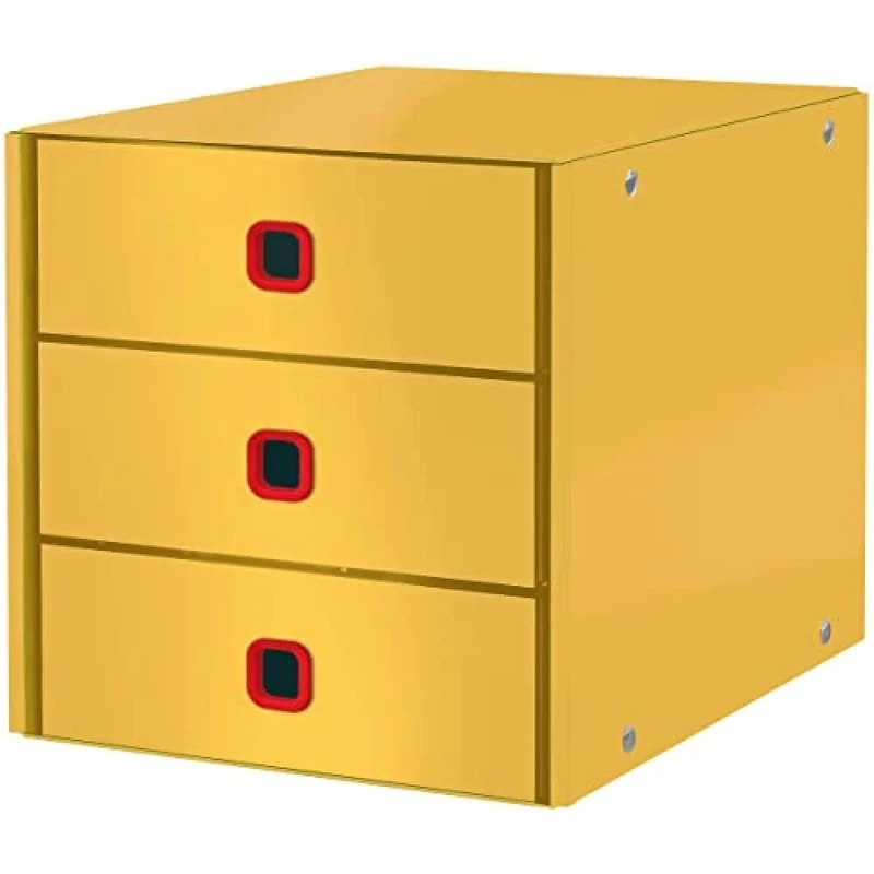 Leitz Click & Store Drawer Cabinet, 3 Drawers for Storing Papers & Documents, A4 Size Cardboard 3 Tier Folding Filing Cabinet, for Home/Office, Cosy Range, Warm Yellow, 53680019