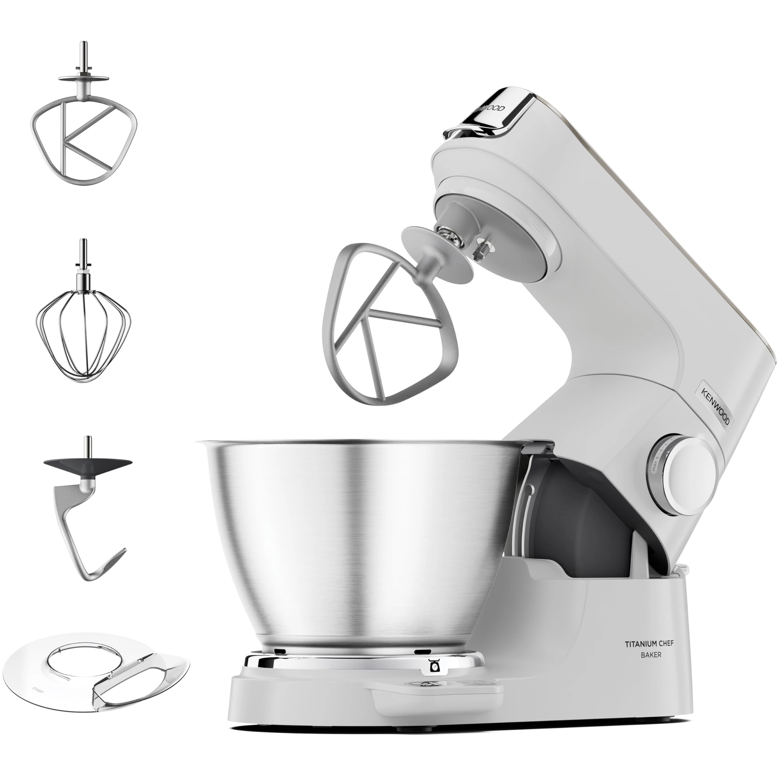 Kenwood Titanium Chef Baker, Kitchen Machine with K-Whisk, Stand Mixer with Kneading Hook, Whisk and 5L Bowl, KVC65.001WH, Power 1400W, White