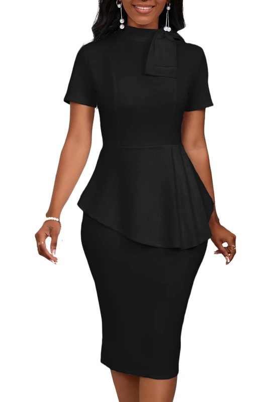 PerZeal Women's Fashion Peplum Bodycon Short Sleeve Work Dresses Bow Club Ruffle Pencil Formal Cocktail Dress, 5349 Black, S