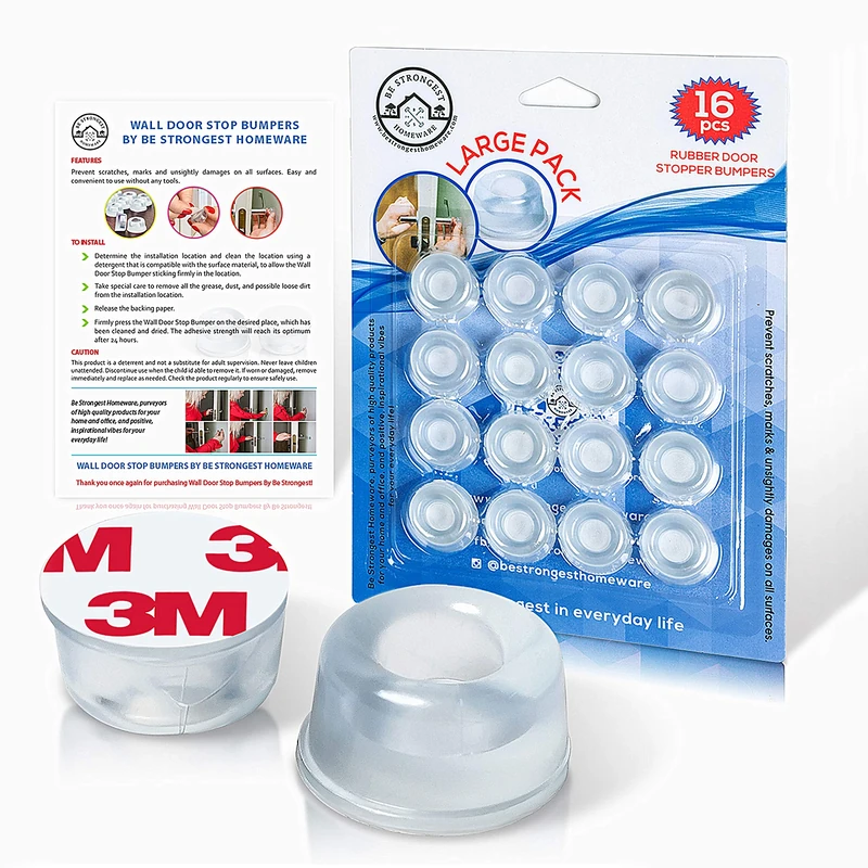 Door Stops - Wall Protector - 16 Pack - Clear Rubber - Wall Mounted - Self Adhesive - Guard Against Slam Door