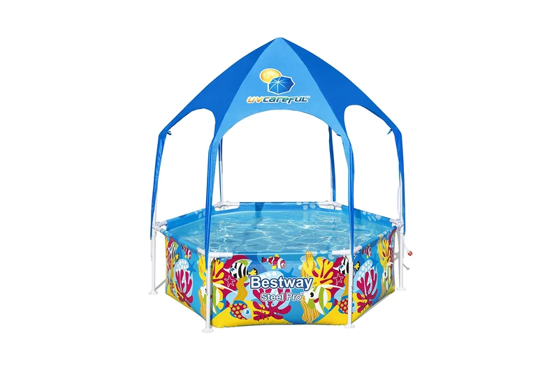 Bestway Steel Pro Frame Pool with Sun Protection Roof "Splash-in-Shade" without Pump Diameter 183 x 51 cm Colourful Underwater Design Round