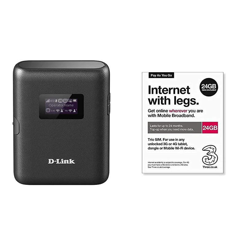 D-Link DWR-933 4G+ LTE-Advanced Cat 6 Wi-Fi Hotspot, 300 Mbps, Portable with Three Mobile Pay As You Go Mobile Broadband 24 GB data SIM