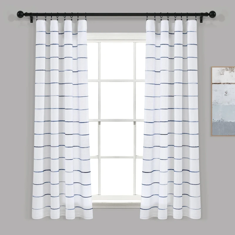 Lush Decor Ombre Stripe Yarn Dyed Cotton Window Curtain Panel Set - Colorful Tufted Yarn Stripe Detail - 2 Window Panels - 40" W x 63" L, Navy