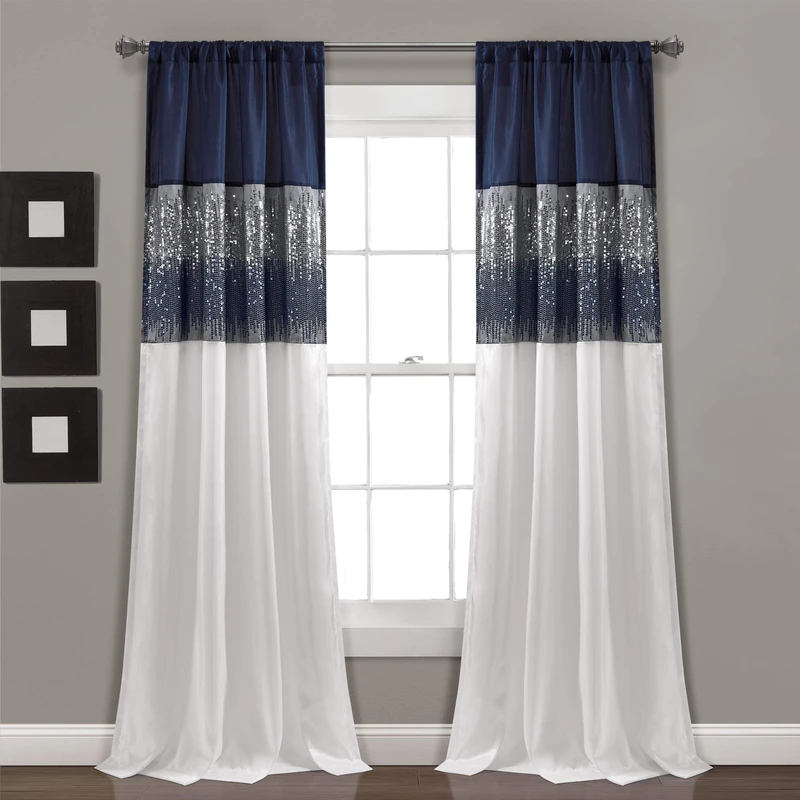 Lush Decor Night Sky Window Curtain Panel, Single, 42" W x 95" L, Navy & White - Sequin Curtains - Sparkle & Color Block Design - Modern Glam Decor - Long Curtains For Bedroom & Living Room