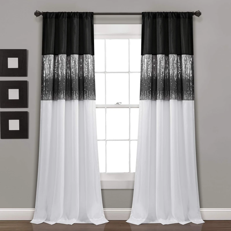 Lush Decor Night Sky Window Curtain Panel, Single, 42" W x 95" L, Black & White - Sequin Curtains - Sparkle & Color Block Design - Modern Glam Decor - Long Curtains For Bedroom & Living Room - Image 1