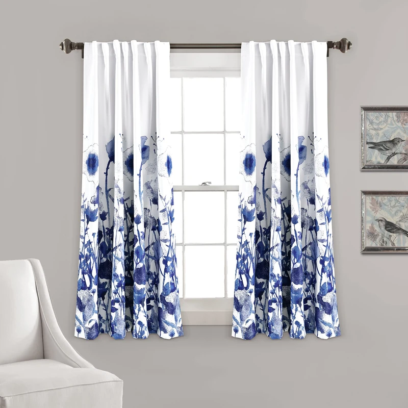 Lush Decor Zuri Flora Light Filtering Window Curtain Panel Pair, 63" Long x 52" Wide, Navy