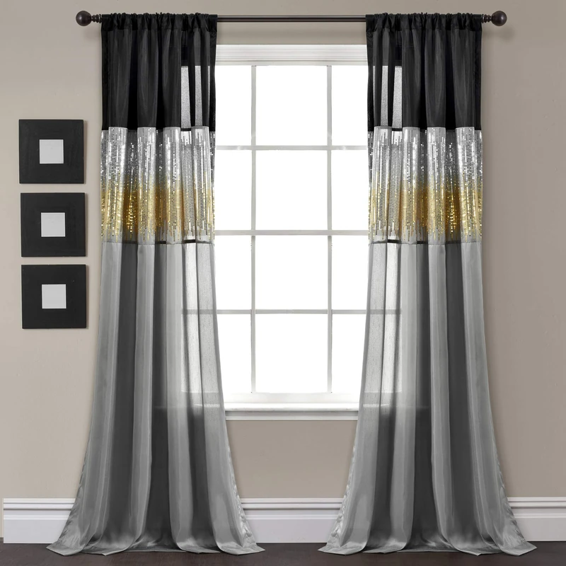 Lush Decor Night Sky Window Curtain Panel, Single, 42" W x 95" L, Black & Gray- Sequin Curtains - Sparkle & Color Block Design - Modern Glam Decor - Long Curtains For Bedroom & Living Room - Image 1