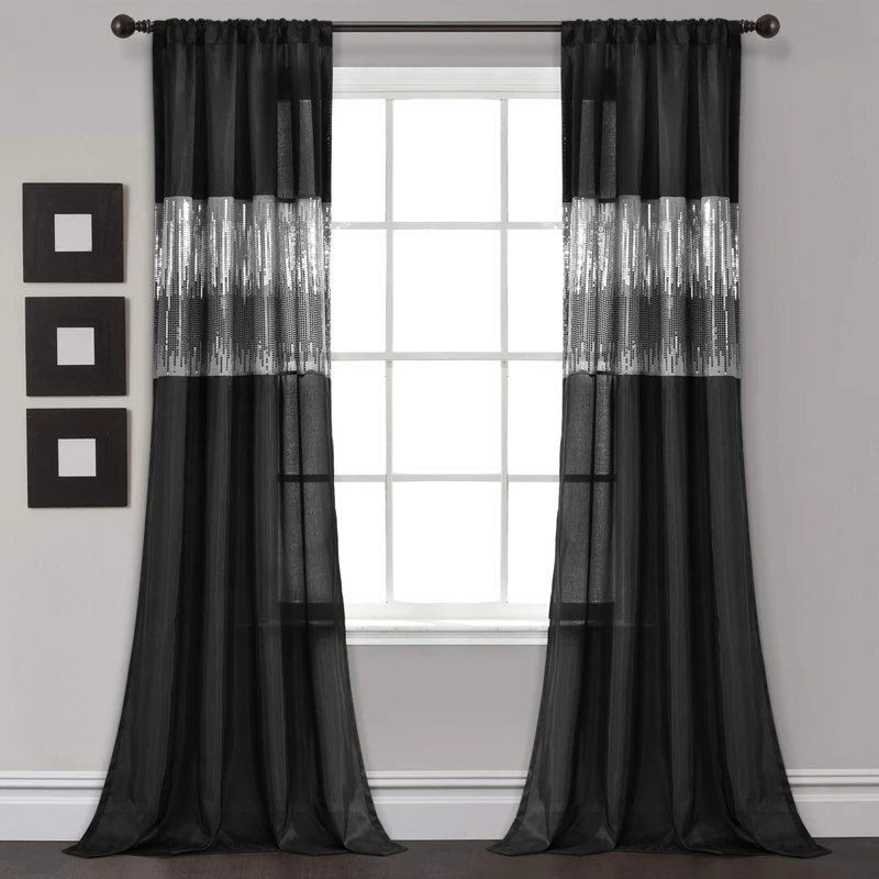 Lush Decor Night Sky Window Curtain Panel, Single,42" W x 95" L, Black - Sequin Curtains - Sparkle & Color Block Design - Modern Glam Decor - Long Curtains For Bedroom & Living Room