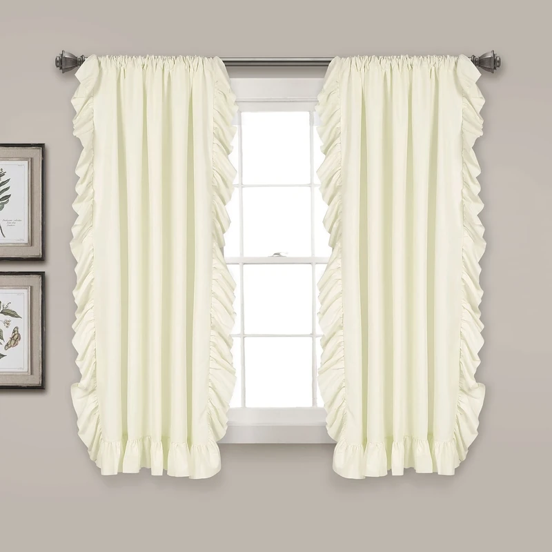 Lush Decor Reyna Ruffle Window Curtain Panel Set for Living, Dining, Bedroom (Pair), 54" W x 63" L, Ivory