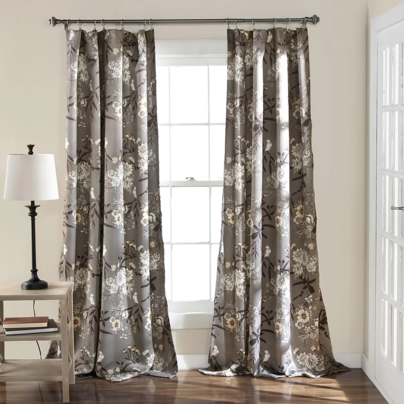 Lush Decor Botanical Garden Curtains Floral Bird Print Light Filtering Window Panel Drapes Set for Living, Dining, Bedroom (Pair), Gray, 52" W x 108L