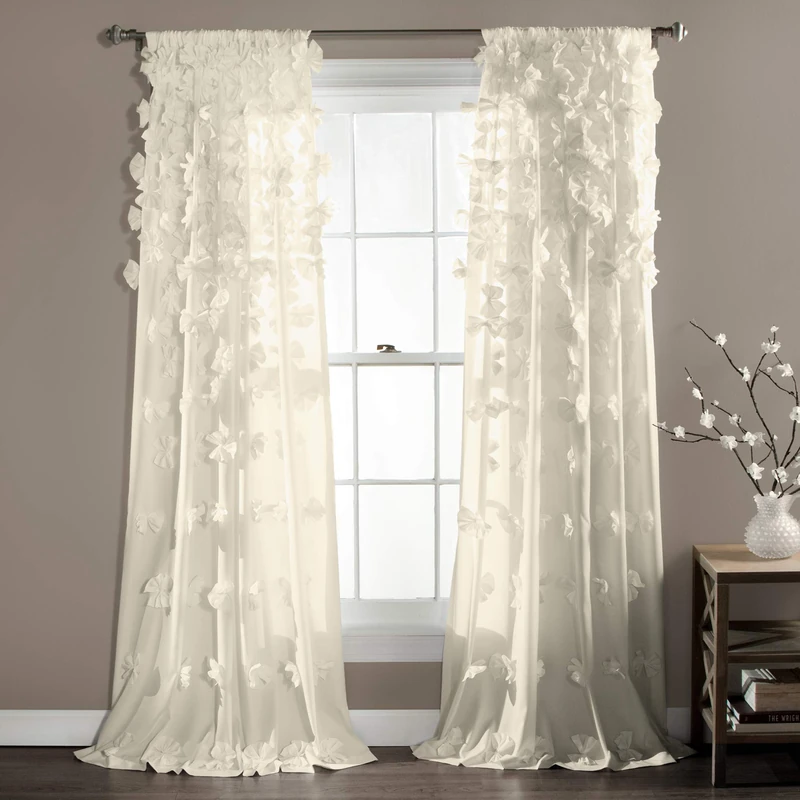 Lush Decor Riley Light Filtering Window Curtain Panel, Single 54" W x 95" L, Ivory - Cute Curtains for Bedroom - Bow Decor - Coquette Curtains for Windows