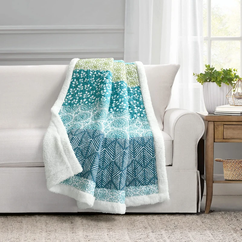 Lush Decor Bohemian Stripe Sherpa Throw Blue/Green Single 50X60