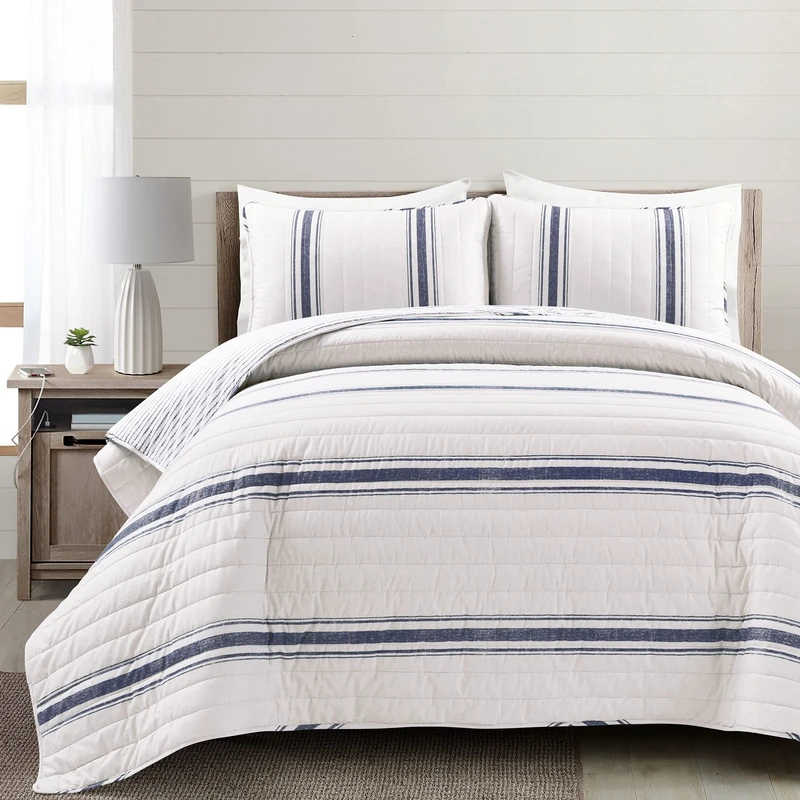 Lush Decor Farmhouse Stripe, Cotton, Navy, King