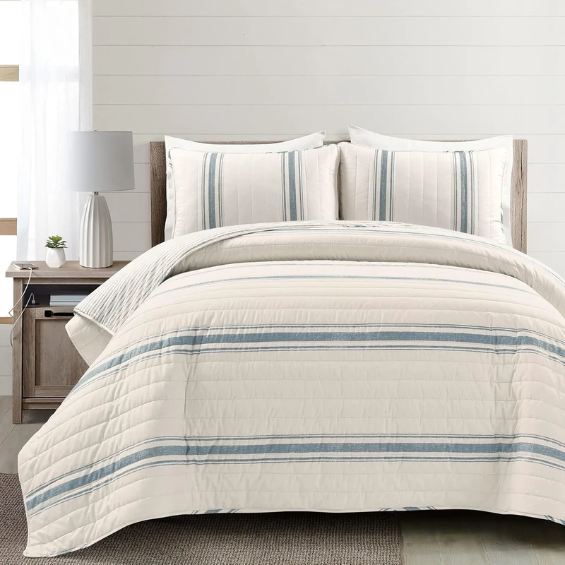 Lush Decor Farmhouse Stripe, Cotton, Blue, Full/Queen