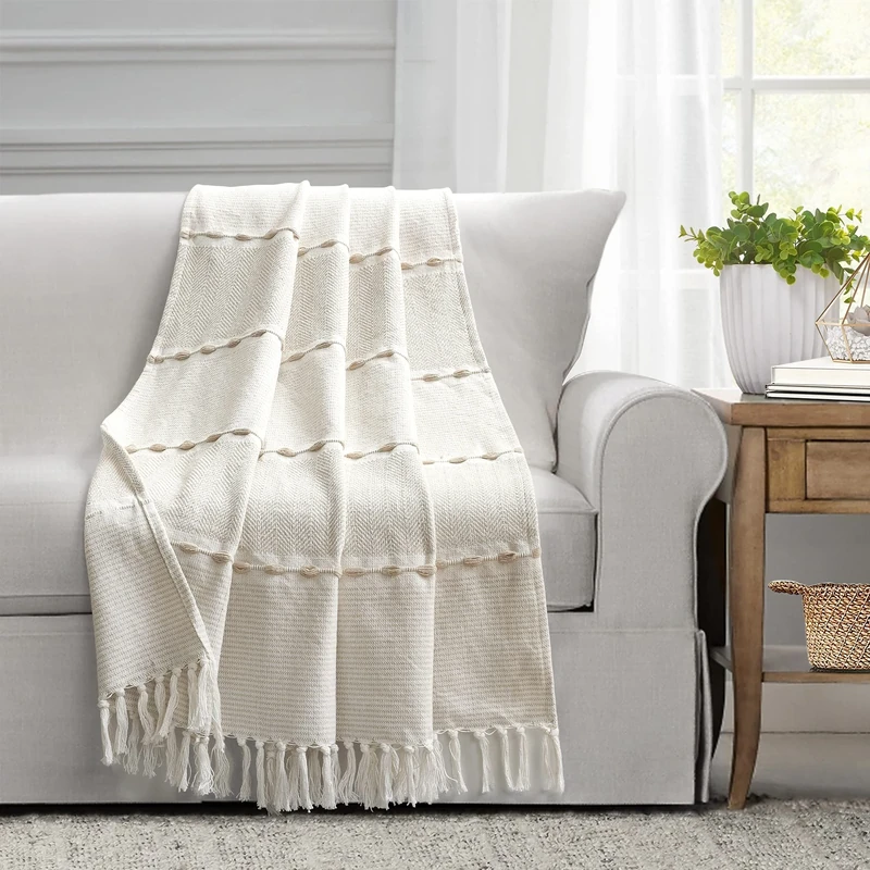 Lush Decor Herringbone Stripe Yarn Dyed Cotton Woven Tassel Blanket, 60" x 50", Neutral & White