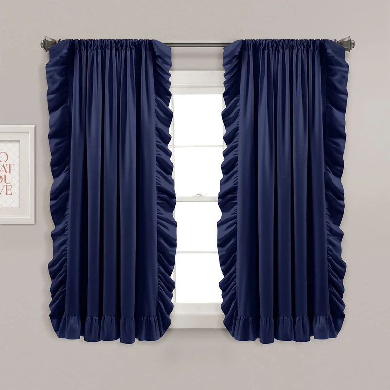 Lush Decor Reyna Ruffle Window Curtain Panel Set for Living, Dining, Bedroom (Pair), 54" W x 63" L, Navy