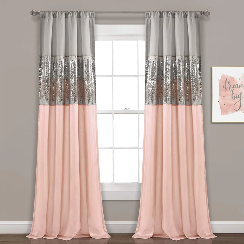 Lush Decor Night Sky Window Curtain Panel, Single, 42" W x 95" L, Gray & Blush - Sequin Curtains - Sparkle & Color Block Design - Modern Glam Decor - Long Curtains For Bedroom & Living Room