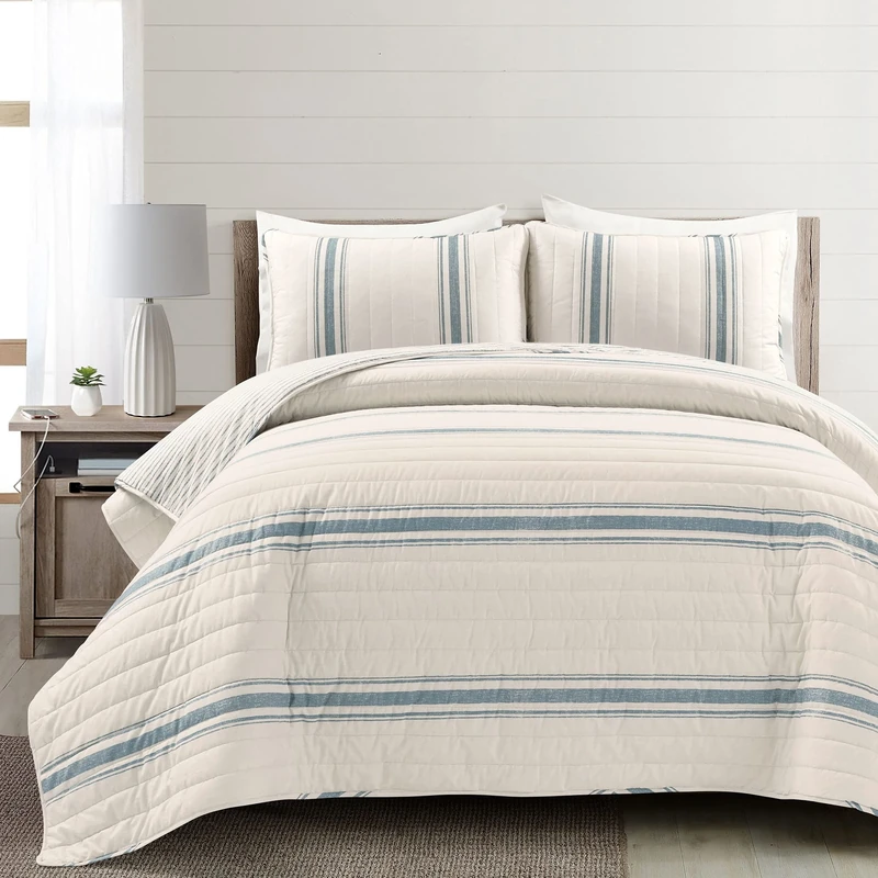 Lush Decor Farmhouse Stripe, Cotton, Blue, King