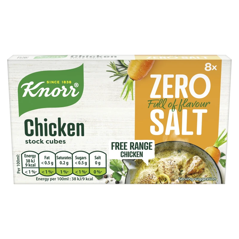 Knorr Zero Salt Chicken Stock Cubes pack of 8 lactose- and gluten-free for delicious, zero-salt chicken dishes 9 g