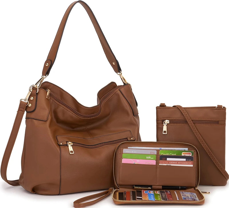 Idesort Large Crossbody Bags Ladies Shoulder Handbags Purse and Wallet Set for Women Totes Hobo Purses, 3pcs/Set Brown, L